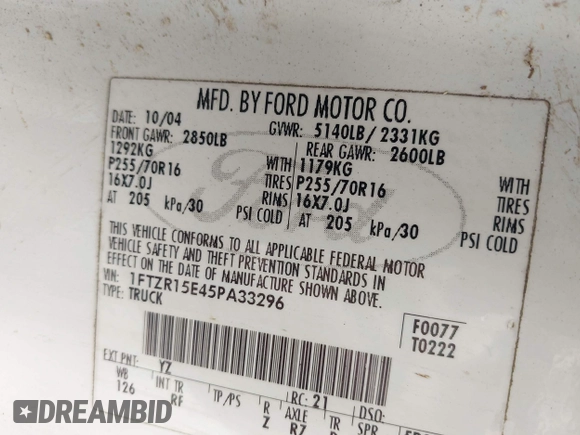 2005 Ford Ranger XL with VIN 1FTZR15E45PA33296, listed as a IAAI auction lot 42365530 with Not provided miles and . Bid and sale history available at DreamBid. Image 9.
