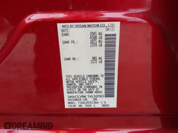 2022 Nissan LEAF SV with VIN 1N4AZ1CV8NC563090, listed as a IAAI auction lot 42086289 with 24,215 mi miles and . Bid and sale history available at DreamBid. Image 9.