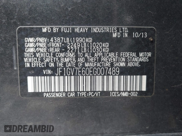 2014 Subaru WRX WRX with VIN JF1GV7E60EG007489, listed as a IAAI auction lot 41470931 with 107,906 mi miles and . Bid and sale history available at DreamBid. Image 9.