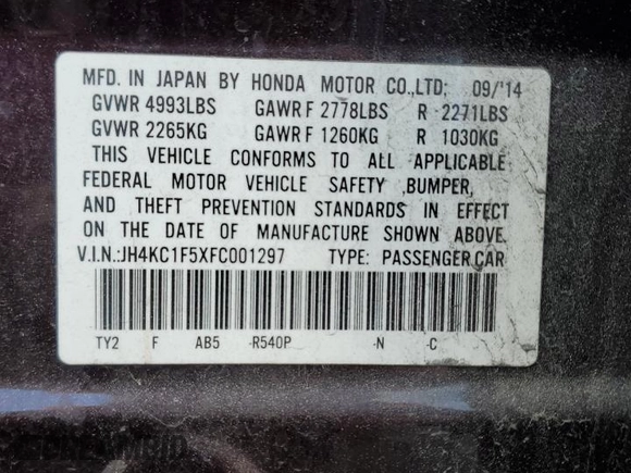 2015 Acura RLX Technology with VIN JH4KC1F5XFC001297, listed as a Copart auction lot 41814825 with 102,801 mi miles and Salvage title. Bid and sale history available at DreamBid. Image 12.