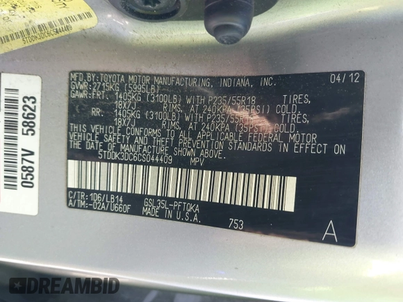 2012 Toyota Sienna XLE with VIN 5TDDK3DC6CS044409, listed as a IAAI auction lot 42409389 with 231,567 mi miles and . Bid and sale history available at DreamBid. Image 9.
