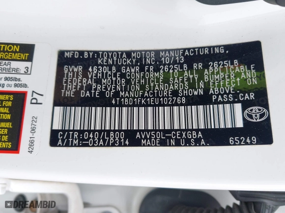 2014 Toyota Camry Hybrid LE with VIN 4T1BD1FK1EU102768, listed as a IAAI auction lot 41793746 with 157,015 mi miles. Bid and sale history available at carsss.com. Image 9.