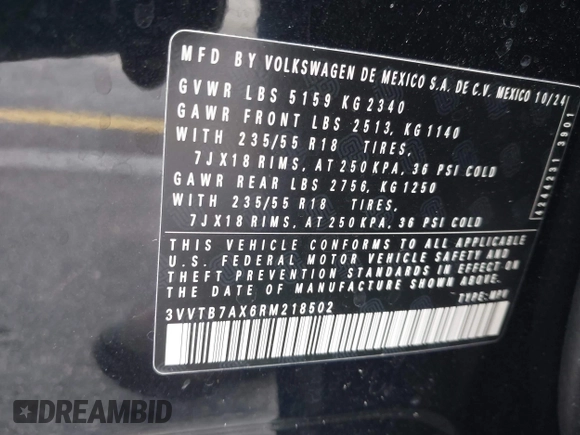 2024 Volkswagen Tiguan with VIN 3VVTB7AX6RM218502, listed as a IAAI auction lot 42063327 with 7,280 mi miles and . Bid and sale history available at DreamBid. Image 9.