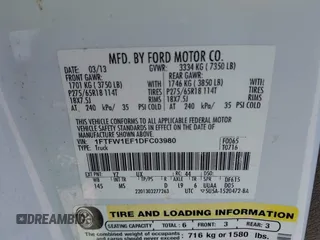 2013 Ford F-150 XL with VIN 1FTFW1EF1DFC03980, listed as a IAAI auction lot 42649384 with 189,917 mi miles and . Bid and sale history available at DreamBid. Image 9.