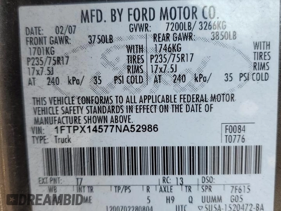 2007 Ford F-150 XLT with VIN 1FTPX14577NA52986, listed as a Copart auction lot 78275124 with 149,564 mi miles and Clean title. Bid and sale history available at DreamBid. Image 12.