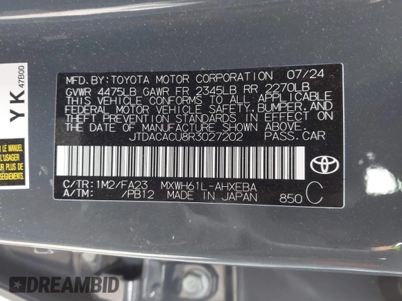 2024 Toyota Prius SE z VIN JTDACACU8R3027202, wystawiony jako IAAI lot #41727758 z przebiegiem 4 625 mil mil oraz . Historia ofert i sprzedaży dostępna na DreamBid. Obrazek 9.