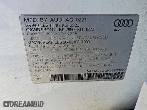 2021 Audi Q3 Premium with VIN WA1AUCF34M1090677, listed as a Copart auction lot 56111815 with 93,573 mi miles and Clean title. Bid and sale history available at DreamBid. Image 13.