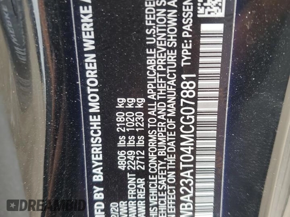 2021 BMW 4 Series 430i with VIN WBA23AT04MCG07881, listed as a Copart auction lot 85674914 with 20,812 mi miles and Salvage title. Bid and sale history available at DreamBid. Image 12.