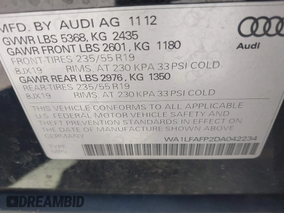 2013 Audi Q5 Premium Plus with VIN WA1LFAFP2DA042234, listed as a IAAI auction lot 42312333 with 99,434 mi miles and . Bid and sale history available at DreamBid. Image 9.