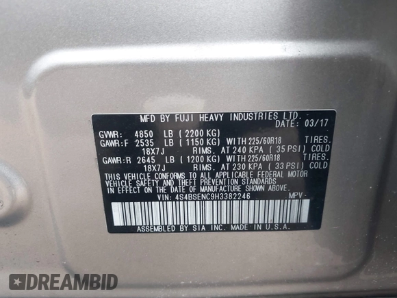 2017 Subaru Outback Limited with VIN 4S4BSENC9H3382246, listed as a IAAI auction lot 42219516 with 117,463 mi miles and . Bid and sale history available at DreamBid. Image 9.