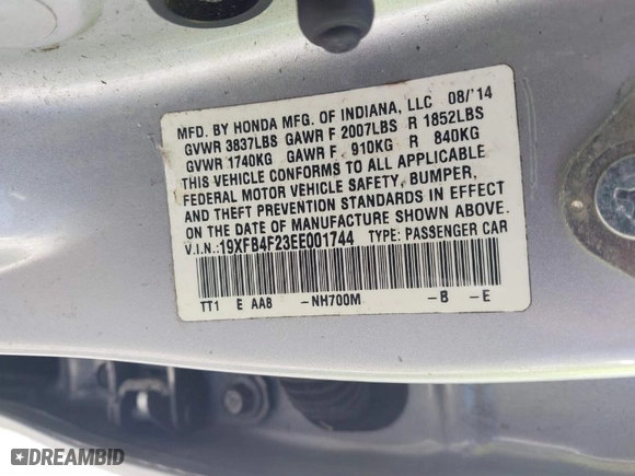 2014 Honda Civic Hybrid with VIN 19XFB4F23EE001744, listed as a IAAI auction lot 41261440 with 196,201 mi miles. Bid and sale history available at carsss.com. Image 9.