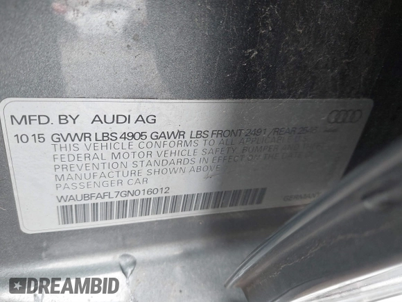 2016 Audi A4 Premium with VIN WAUBFAFL7GN016012, listed as a IAAI auction lot 41489832 with 125,826 mi miles. Bid and sale history available at carsss.com. Image 9.