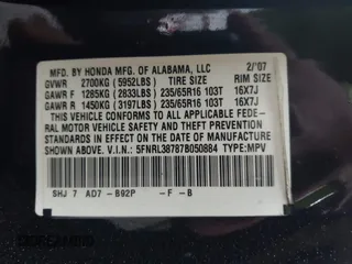 2007 Honda Odyssey EX-L z VIN 5FNRL38787B050884, wystawiony jako IAAI lot #41930632 z przebiegiem 204 452 mil mil oraz . Historia ofert i sprzedaży dostępna na DreamBid. Obrazek 9.