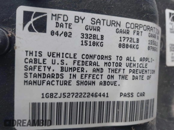 2002 Saturn SL with VIN 1G8ZJ52722Z246441, listed as a IAAI auction lot 42840723 with Not provided miles and . Bid and sale history available at DreamBid. Image 9.