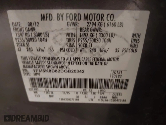 2013 Ford Explorer XLT with VIN 1FM5K8D82DGB20342, listed as a IAAI auction lot 41478547 with 158,256 mi miles and . Bid and sale history available at carsss.com. Image 9.