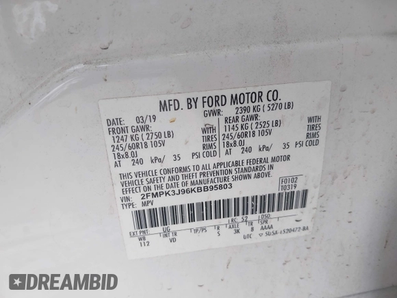 2019 Ford Edge SEL with VIN 2FMPK3J96KBB95803, listed as a IAAI auction lot 42359722 with 133,366 mi miles and . Bid and sale history available at DreamBid. Image 9.