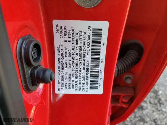 2016 Honda Civic Sedan EX with VIN 2HGFC2F70GH547309, listed as a Copart auction lot 83086804 with 102,772 mi miles and Salvage Title. Bid and sale history available at carsss.com. Image 15.