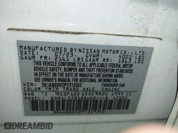 2023 Nissan Sentra SR with VIN 3N1AB8DV2PY319342, listed as a IAAI auction lot 41666484 with 21,036 mi miles. Bid and sale history available at carsss.com. Image 9.