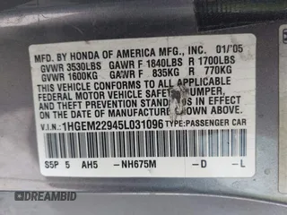 2005 Honda Civic Cpe EX with VIN 1HGEM22945L031096, listed as a IAAI auction lot 41741003 with 208,008 mi miles. Bid and sale history available at carsss.com. Image 9.