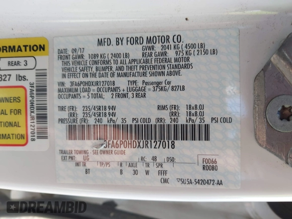 2018 Ford Fusion SE with VIN 3FA6P0HDXJR127018, listed as a IAAI auction lot 42013450 with 93,761 mi miles. Bid and sale history available at carsss.com. Image 9.