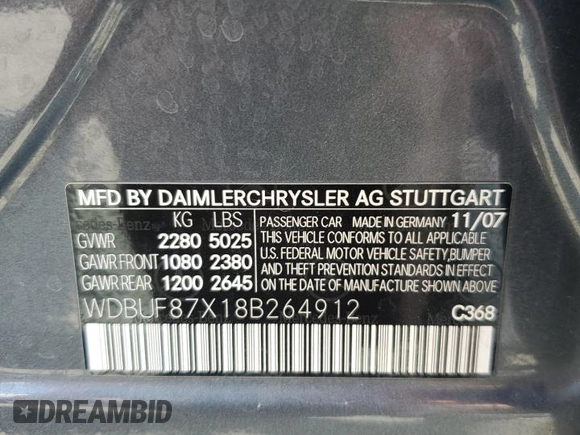 2008 Mercedes-Benz E 350 Luxury with VIN WDBUF87X18B264912, listed as a Copart auction lot 54008535 with 89,164 mi miles and Salvage Title. Bid and sale history available at DreamBid. Image 12.