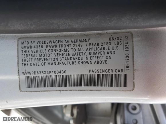 2003 Volkswagen Passat GLS with VIN WVWPD63BX3P100430, listed as a Copart auction lot 70912634 with 129,933 mi miles and Salvage Title. Bid and sale history available at carsss.com. Image 12.