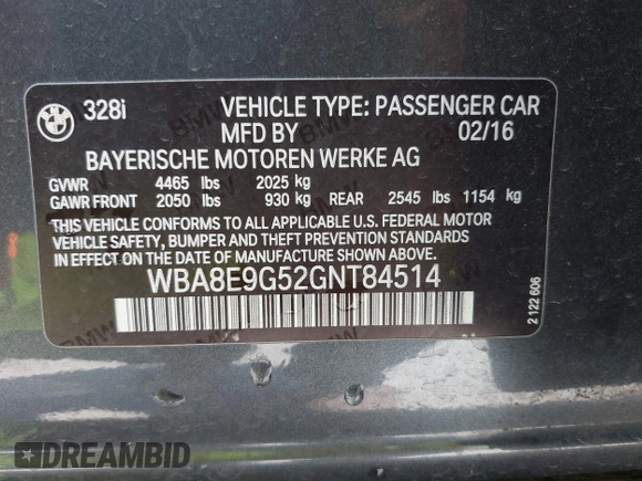 2016 BMW 3 Series 328i z VIN WBA8E9G52GNT84514, wystawiony jako IAAI lot #42396193 z przebiegiem 94 961 mil mil oraz . Historia ofert i sprzedaży dostępna na DreamBid. Obrazek 9.
