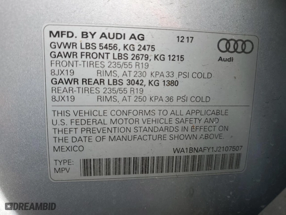 2018 Audi Q5 Premium Plus with VIN WA1BNAFY1J2107507, listed as a Copart auction lot 48763155 with 52,488 mi miles and Salvage Title. Bid and sale history available at carsss.com. Image 12.
