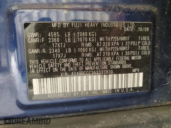 2010 Subaru Outback Premium All-Weather Anniversary с VIN 4S4BRCCC3A3333830, выставлен на аукционе Copart как лот 54695925 с пробегом 148 868 миль миль и Списание • Salvage title. История ставок и продаж доступна на DreamBid. Изображение 13.
