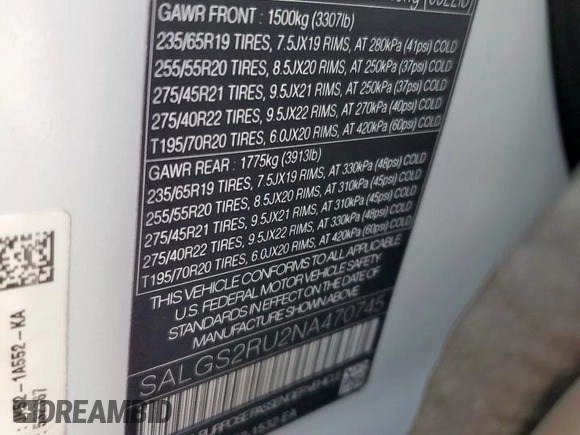 2022 Land Rover Range Rover Westminster z VIN SALGS2RU2NA470745, wystawiony jako Copart lot #61666765 z przebiegiem 74 607 mil mil oraz Czysty tytuł • Clean title. Historia ofert i sprzedaży dostępna na DreamBid. Obrazek 13.