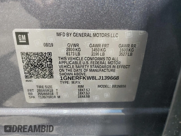 2020 Chevrolet Traverse LS with VIN 1GNERFKW8LJ139668, listed as a Copart auction lot 57996795 with 132,453 mi miles and Salvage title. Bid and sale history available at DreamBid. Image 13.