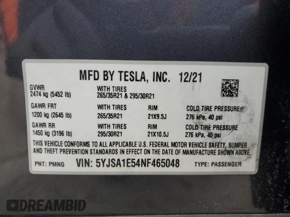 2022 Tesla Model S with VIN 5YJSA1E54NF465048, listed as a Copart auction lot 88756425 with 78,798 mi miles and Salvage Title. Bid and sale history available at DreamBid. Image 14.