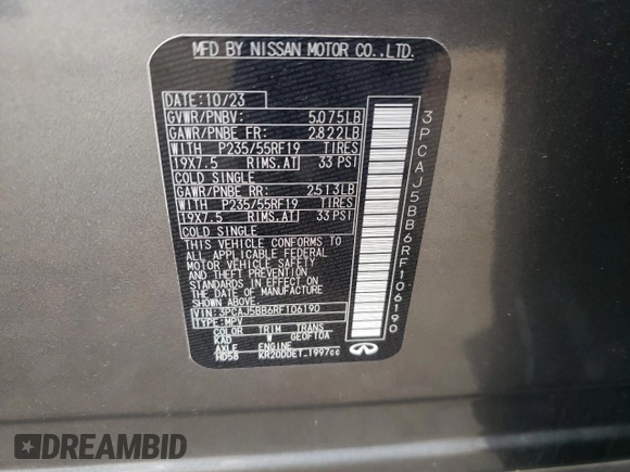 2024 Infiniti QX50 Luxe с VIN 3PCAJ5BB6RF106190, выставлен на аукционе Copart как лот 60608185 с пробегом 9 480 миль миль и Списание • Salvage title. История ставок и продаж доступна на DreamBid. Изображение 12.