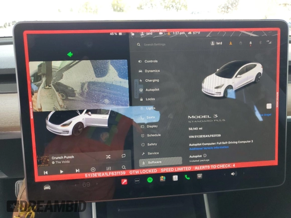 2020 Tesla Model 3 Standard Range Plus with VIN 5YJ3E1EA1LF631139, listed as a Copart auction lot 49161805 with 58,140 mi miles and Salvage Title. Bid and sale history available at DreamBid. Image 9.