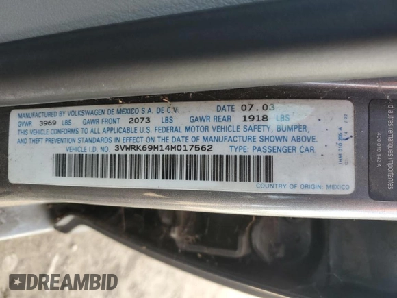 2004 Volkswagen Jetta GL with VIN 3VWRK69M14M017562, listed as a Copart auction lot 45798285 with 147,648 mi miles and Clean title. Bid and sale history available at DreamBid. Image 12.