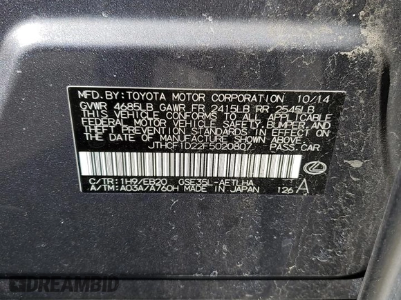2015 Lexus IS 250 with VIN JTHCF1D22F5020807, listed as a Copart auction lot 48802575 with 106,707 mi miles and Salvage Title. Bid and sale history available at DreamBid. Image 12.