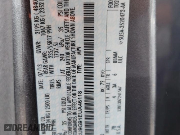 2014 Ford Escape SE с VIN 1FMCU9G91EUA46118, выставлен на аукционе Copart как лот 58342235 с пробегом 190 271 миль миль и Чистый • Clean title. История ставок и продаж доступна на DreamBid. Изображение 13.