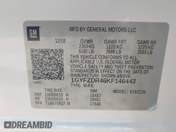 2019 Cadillac XT4 AWD Premium Luxury with VIN 1GYFZDR46KF146443, listed as a IAAI auction lot 42590358 with 62,131 mi miles and . Bid and sale history available at DreamBid. Image 9.