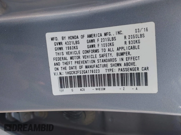 2016 Honda Accord Sport with VIN 1HGCR2F52GA176023, listed as a IAAI auction lot 42560781 with 120,430 mi miles and . Bid and sale history available at DreamBid. Image 9.