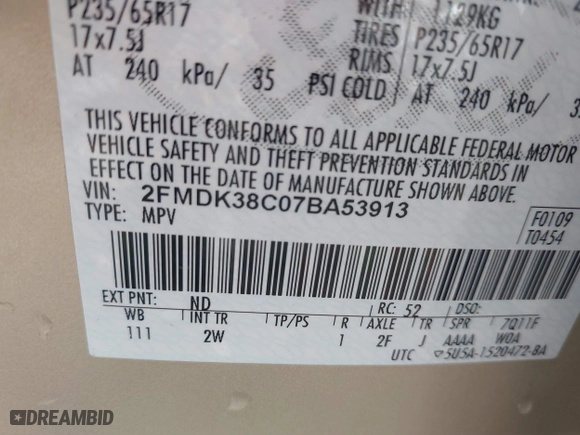 2007 Ford Edge SEL with VIN 2FMDK38C07BA53913, listed as a IAAI auction lot 41874746 with 166,861 mi miles. Bid and sale history available at carsss.com. Image 9.