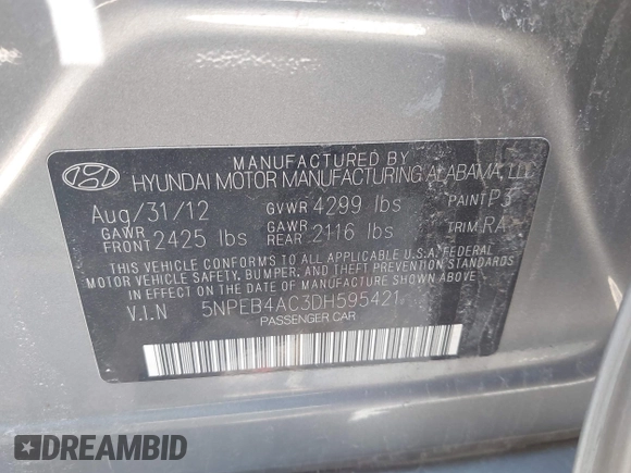 2013 Hyundai Sonata GLS with VIN 5NPEB4AC3DH595421, listed as a IAAI auction lot 42072919 with Not Provided miles and . Bid and sale history available at DreamBid. Image 9.