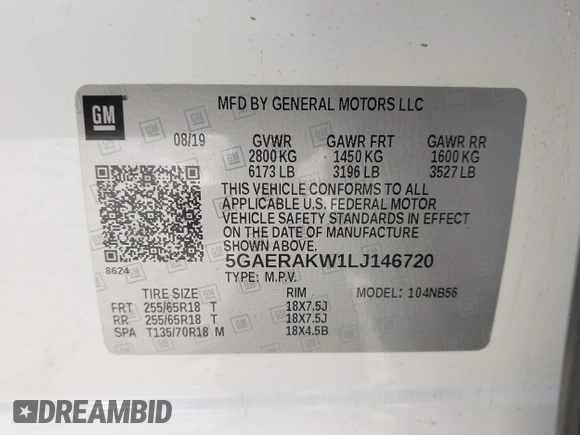 2020 Buick Enclave Preferred with VIN 5GAERAKW1LJ146720, listed as a IAAI auction lot 41936656 with 54,177 mi miles and . Bid and sale history available at carsss.com. Image 9.
