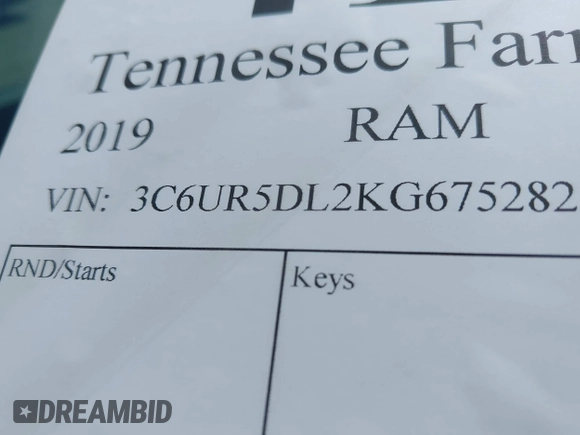 2019 Ram 2500 Big Horn with VIN 3C6UR5DL2KG675282, listed as a IAAI auction lot 41729803 with 88,084 mi miles and . Bid and sale history available at DreamBid. Image 9.