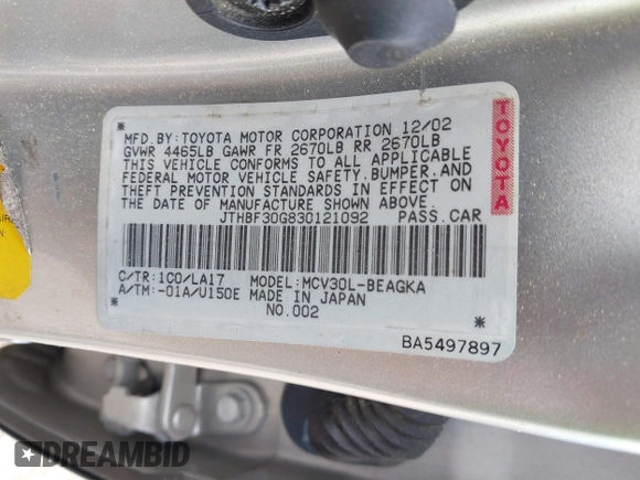 2003 Lexus ES 300 with VIN JTHBF30G830121092, listed as a IAAI auction lot 41947184 with 212,247 mi miles and . Bid and sale history available at DreamBid. Image 9.