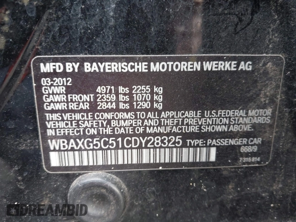 2012 BMW 5 Series 528i with VIN WBAXG5C51CDY28325, listed as a IAAI auction lot 41348221 with 125,039 mi miles. Bid and sale history available at carsss.com. Image 9.