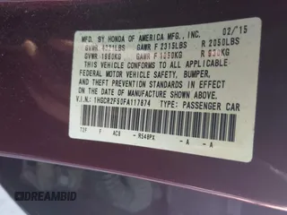 2015 Honda Accord Sport with VIN 1HGCR2F50FA117874, listed as a IAAI auction lot 42136595 with 152,240 mi miles and . Bid and sale history available at DreamBid. Image 9.
