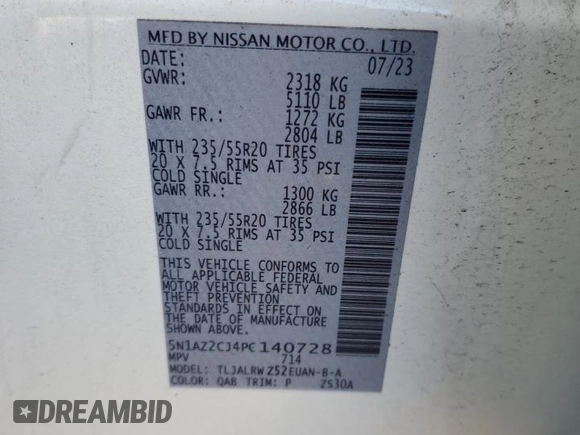 2023 Nissan Murano SL with VIN 5N1AZ2CJ4PC140728, listed as a Copart auction lot 49227245 with 19,000 mi miles and Salvage Title. Bid and sale history available at DreamBid. Image 13.