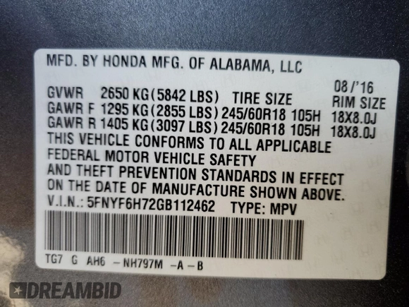 2016 Honda Pilot EX-L with VIN 5FNYF6H72GB112462, listed as a Copart auction lot 86538614 with 92,626 mi miles and Salvage Title. Bid and sale history available at carsss.com. Image 13.