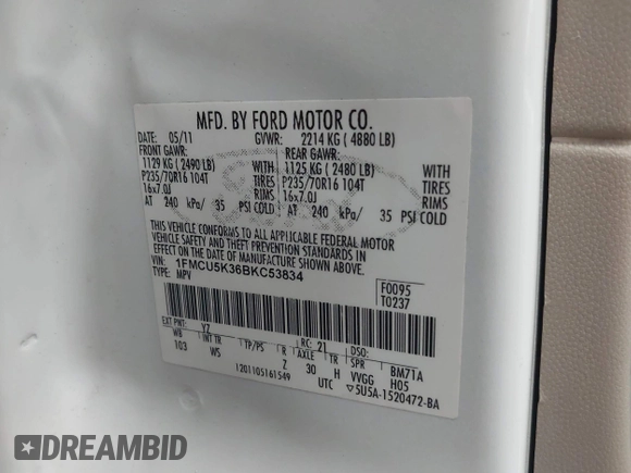 2011 Ford Escape Hybrid с VIN 1FMCU5K36BKC53834, выставлен на аукционе IAAI как лот 42255622 с пробегом 90 271 миль миль и . История ставок и продаж доступна на DreamBid. Изображение 9.