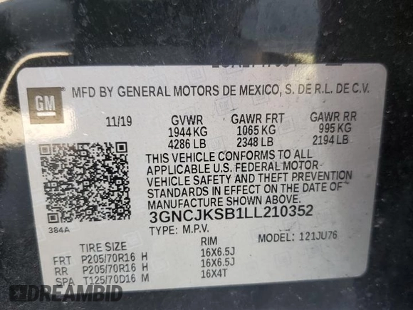 2020 Chevrolet Trax LS with VIN 3GNCJKSB1LL210352, listed as a Copart auction lot 52013065 with 79,324 mi miles and Non repairable. Bid and sale history available at DreamBid. Image 14.